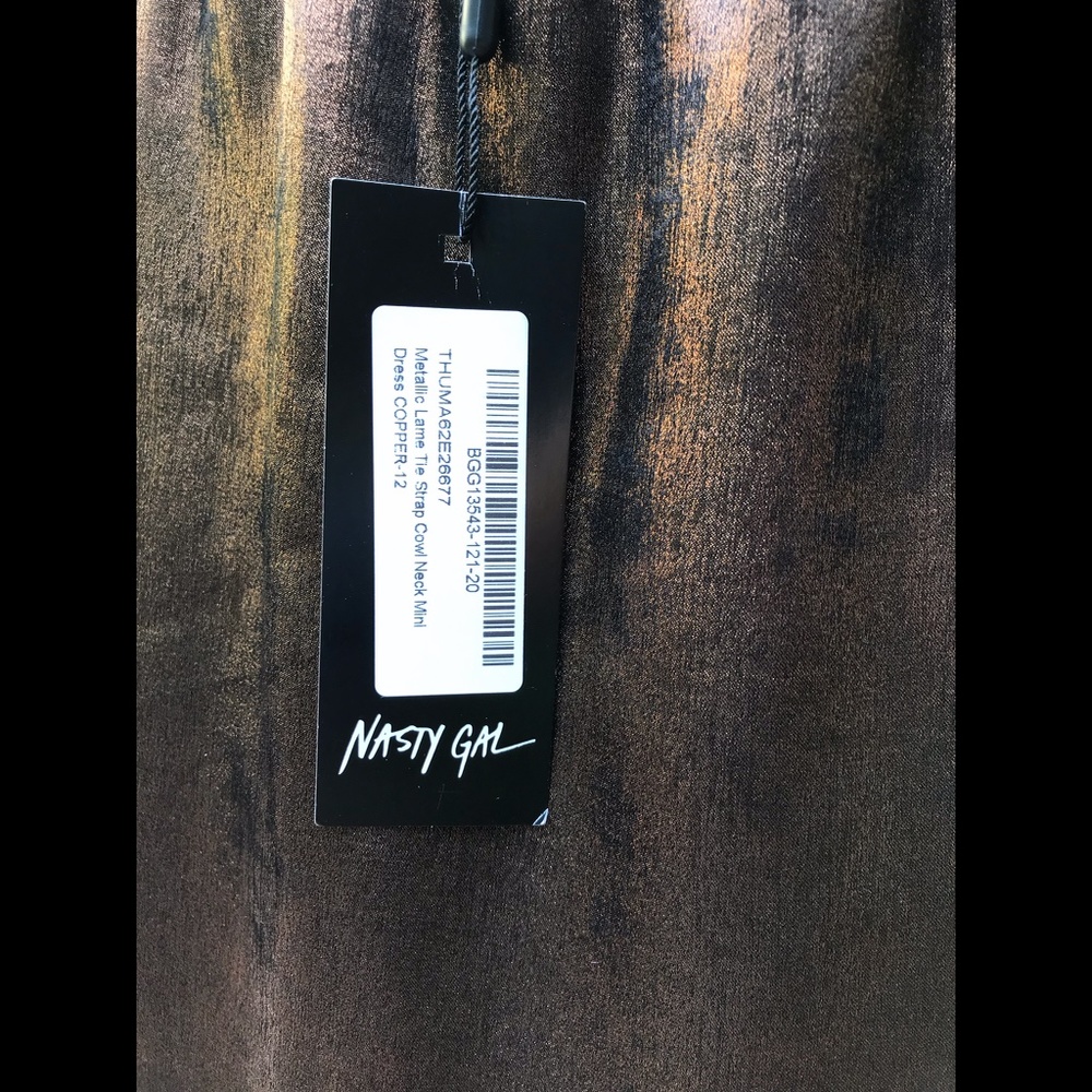 Nasty Gal Bronze Metallic Lamé Tie Strap Cowl Neck Mini Dress USA Size 8 - Picture 4 of 7